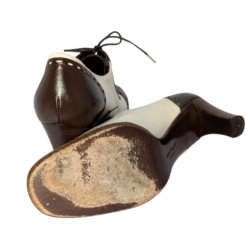 Salvatore Ferragamo Two-Tone Leather Lace-Up Oxford Heels Vintage Sz 9.5 - Picture 5 of 8